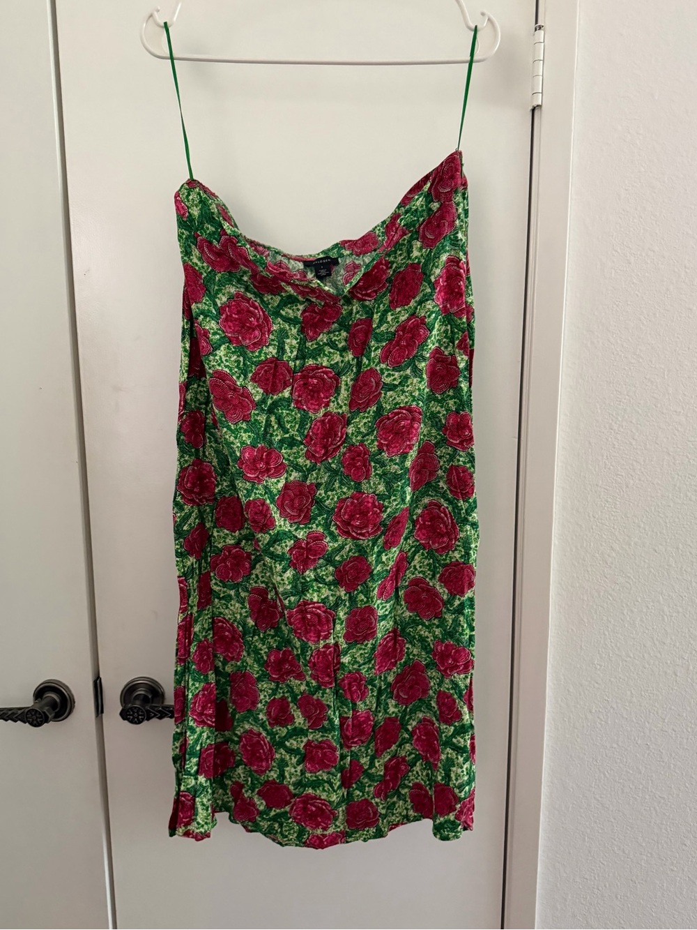 Halogen Green Slip Dress with Pink Rose Print